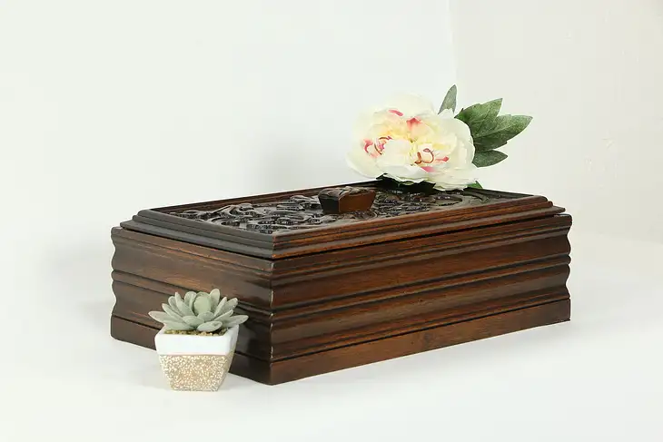 Hand Carved Walnut Antique Italian Covered Jewelry or Keepsake Box #34028