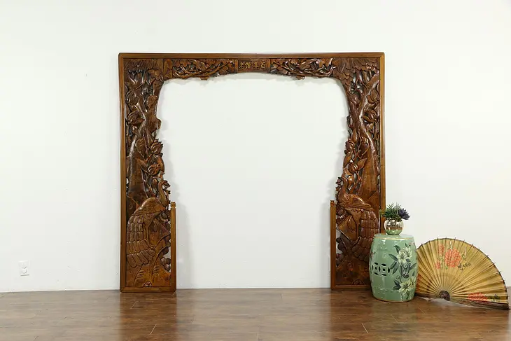 Chinese Teak Antique Archway Architectural Salvage, Carved Peacocks #34051