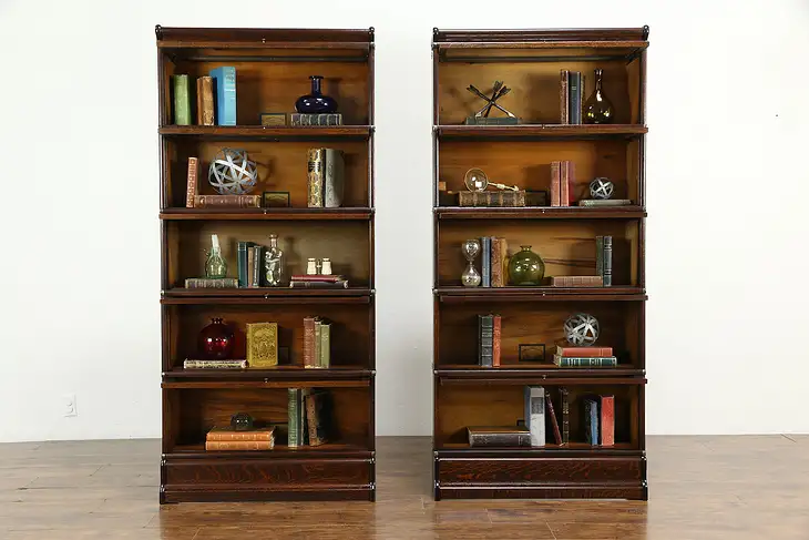 Pair of Antique Oak 5 Stack Globe Wernicke Lawyer Bookcases, Wavy Glass  #34070