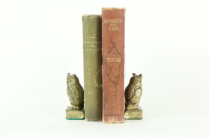 Brass Owl on Book Pair of Small Antique Bookends #34177