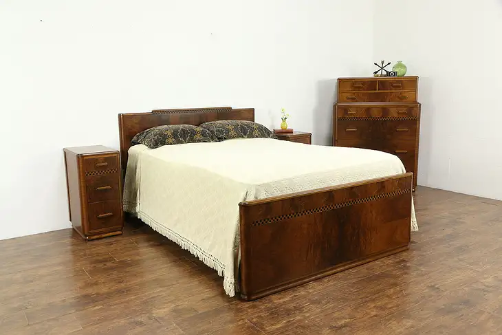 Art Deco Vintage 4 Pc Bedroom Set, Full Size Bed, Highboy, 2 Nightstands #34220