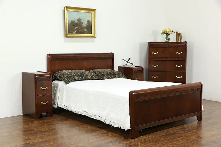 Walnut Waterfall Deco Bedroom Set, Full Bed, Dresser, Nightstands#34582