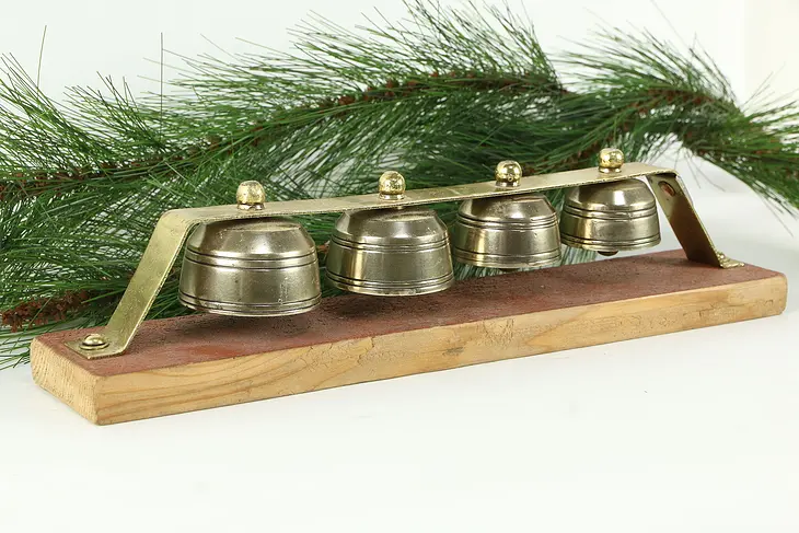 Set of 4 Antique Brass Sleigh Bells, Mounted on Board #34599