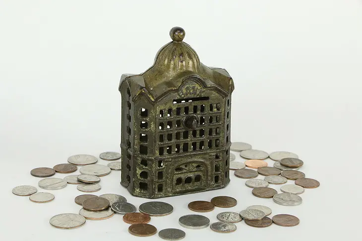 Cast Iron Victorian Building Antique 5" Coin Bank  #34639