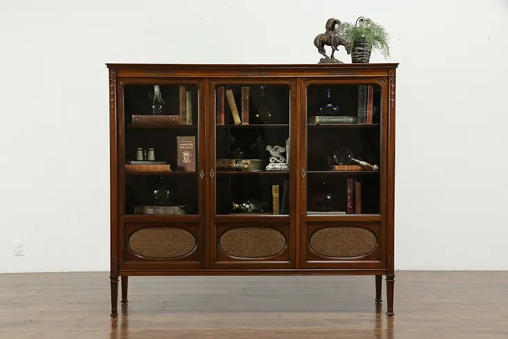 Carved Mahogany Antique 1910 Triple Office Bookcase, Wavy Glass #35714