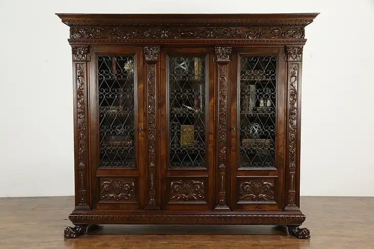 Renaissance Italian Antique Bookcase, Iron Grill Doors, Lion Paw Feet #34164