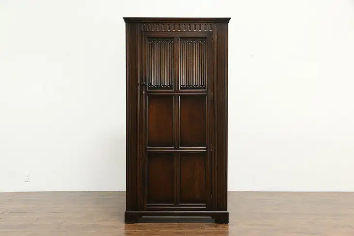 Oak English Vintage Armoire, Wardrobe or Closet, Linen Fold Carving #34749