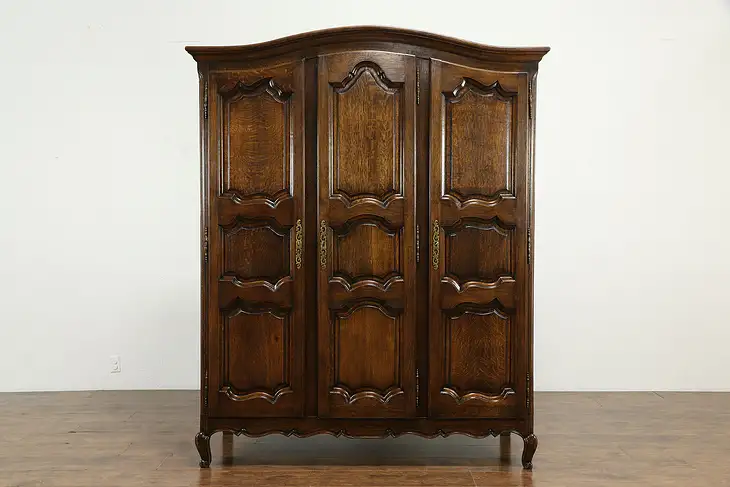 Country French Antique Oak Triple Armoire, Wardrobe or Closet, Arch Top #34960