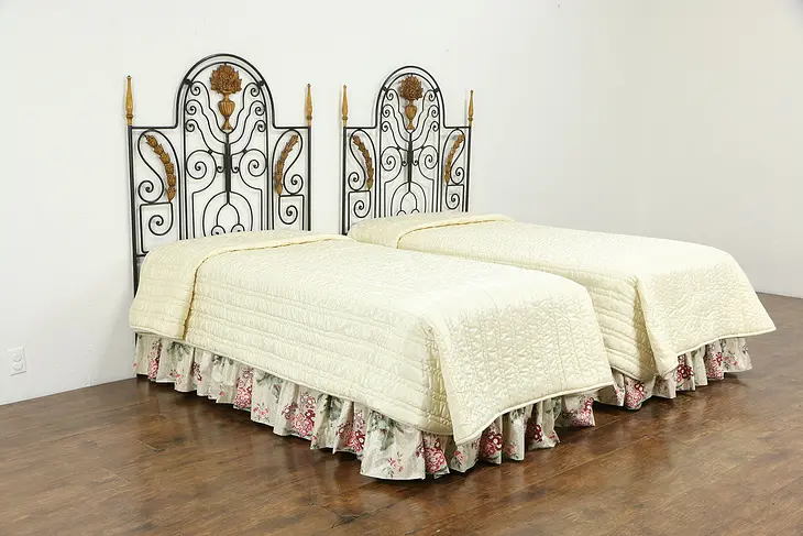 Pair of Twin Size Vintage Wrought Iron Beds, Carved Wood Mounts #35155