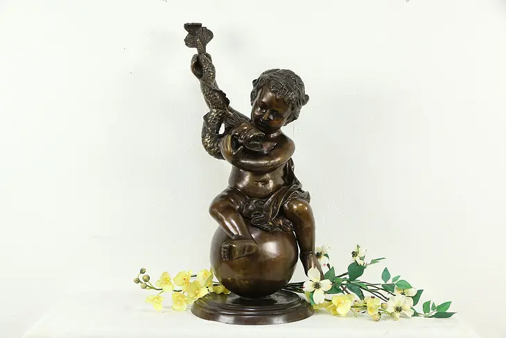 Bronze Vintage Sculpture of Boy with Dolphin Statue 32" tall #35229