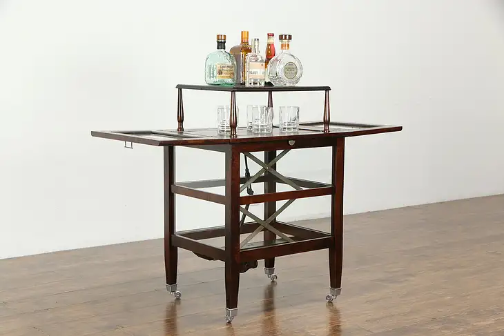 Art Deco Mahogany Antique Rolling Bar Cart, Beveled Glass Lift Doors #34057