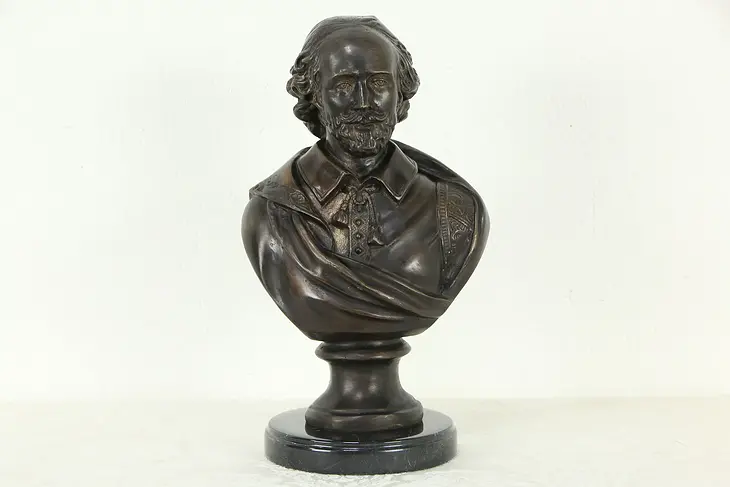 William Shakespeare Sculpture Bust Vintage Bronze Statue, Marble Base #34314