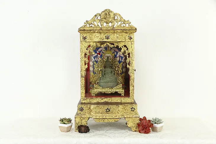 Bronze Buddha & Carved Gold Case, Vintage Thai Home Buddhist Shrine #34538
