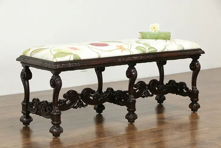 Renaissance Design Antique Carved Mahogany Hall Bench  #35011