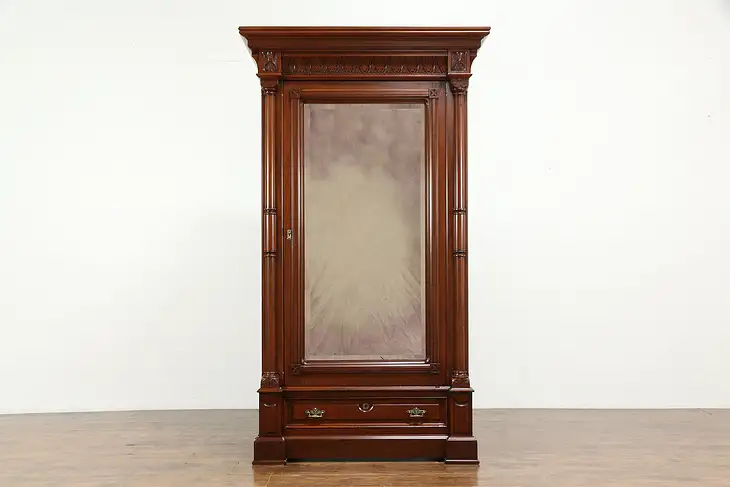 Victorian Eastlake Antique Walnut Armoire Wardrobe Closet, Beveled Mirror #35068