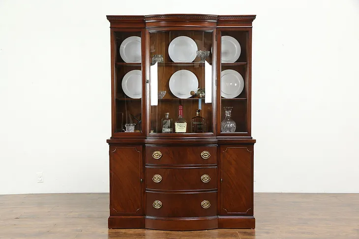 Traditional Vintage Mahogany Breakfront China Cabinet Curved Glass Drexel #35175