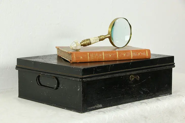Tin Antique 1900 Locking Document Box, Folding Handles #35465