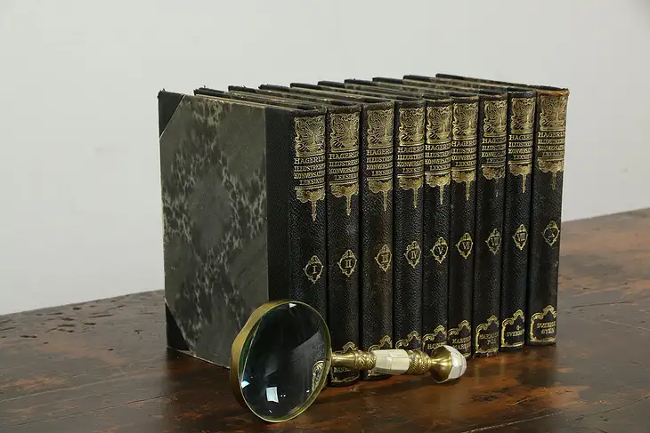 Leatherbound 9 Volume Danish Encyclopedia Book Set, Illustrated, 1925 #35522