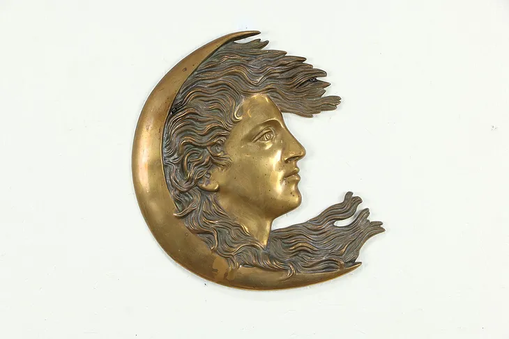 Moon & Woman in Profile, Art Nouveau Antique Bronze Sculpture Plaque #35662