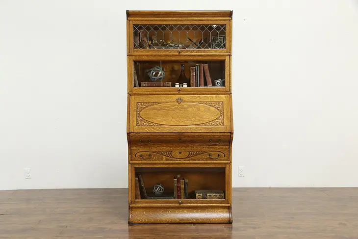 Oak Antique Stacking Lawyer Bookcase & Desk, Leaded Glass, Viking  #35715