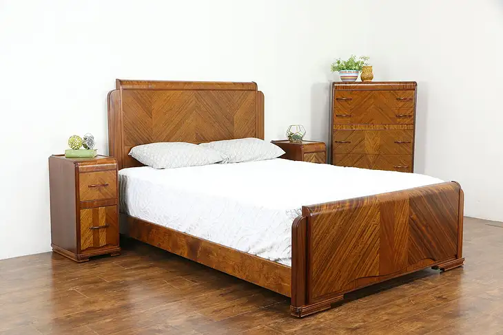 Art Deco Waterfall Vintage 4 Pc Bedroom Set, Queen Size Bed #34229