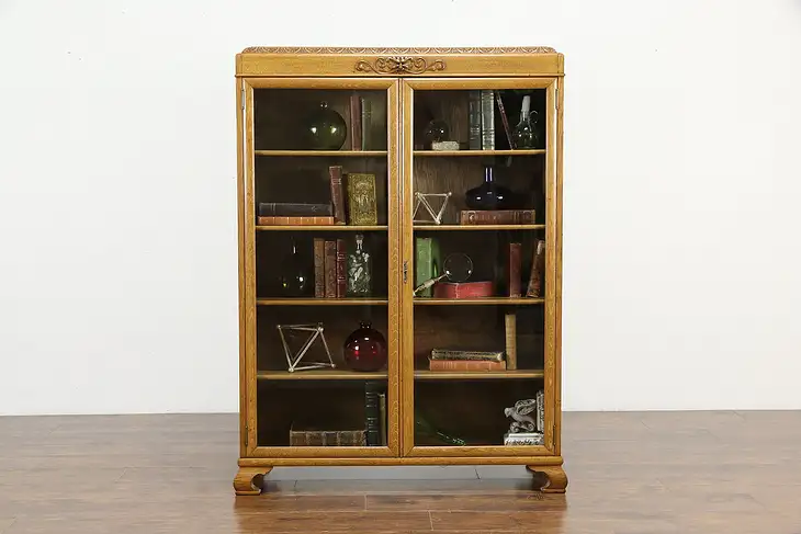 Oak Antique Office Bookcase, Carved Lion Head, Wavy Glass Doors #34358