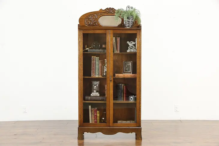 Victorian Antique Carved Oak Bookcase or Bath Cabinet, Beveled Mirror #34936