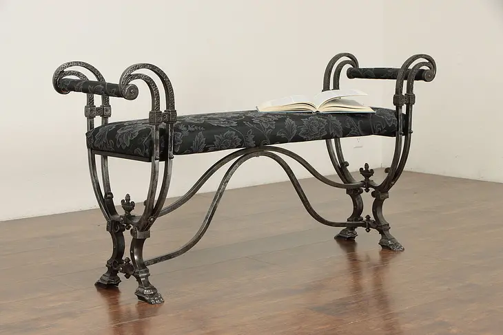 Hand Wrought Iron Antique Bench with Arms, New Upholstery #35461