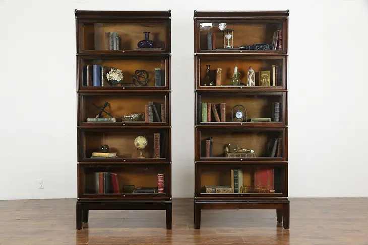 Pair of Antique Oak 5 Stack Globe Wernicke Lawyer Bookcases, Wavy Glass  #35694