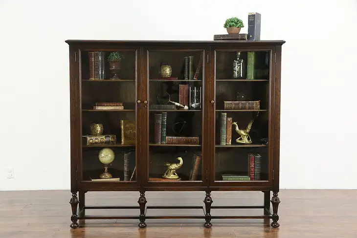 English Tudor Oak Antique Triple Library or Office Bookcase #35741