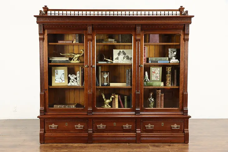 Victorian Eastlake Antique Library or Office Walnut Triple Bookcase  #35772