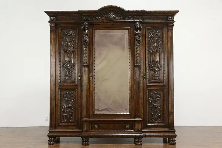 Renaissance Antique Triple Walnut Armoire or Wardrobe, Sculpted Figures  #36261