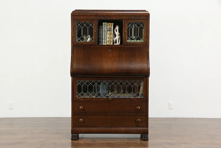 Oak Antique Stacking Bookcase & Secretary Desk, Leaded Glass, Forest City #36278