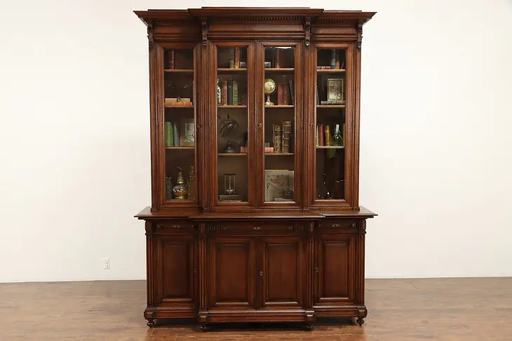 Oak Antique Scandinavian Triple Library or Office Bookcase, Wavy Glass #36437