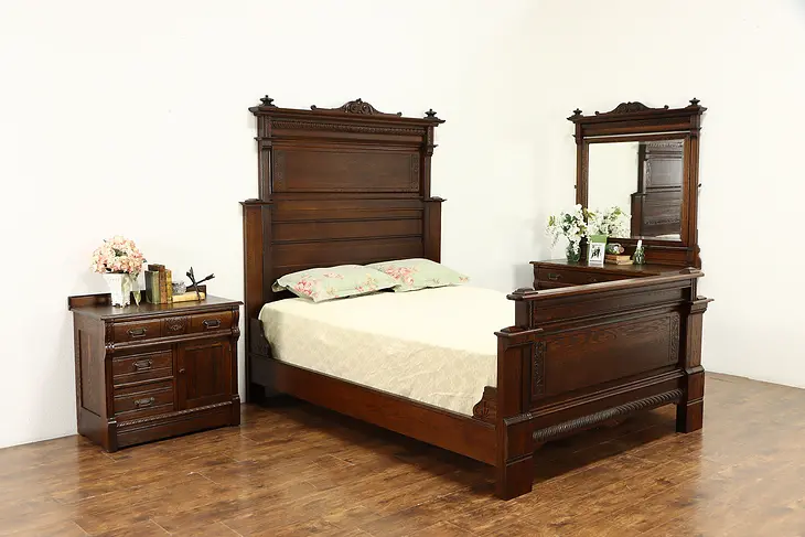 Victorian Eastlake Antique Carved Oak 3 Pc Bedroom Set, Queen Size Bed #34151