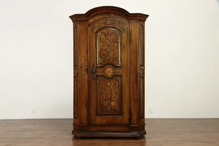 Antique Pine German Schrank Farmhouse Armoire Hand Painted 1797 Folk Art #34833