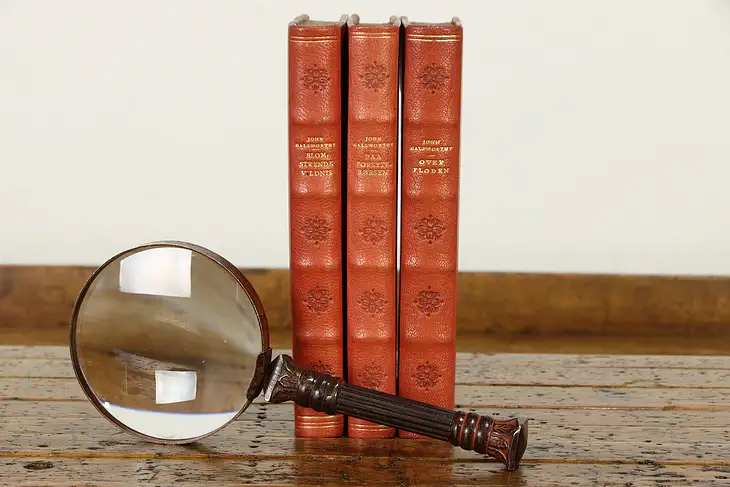 Set of 3 Gold Tooled Red Leather Bound Books, Danish 1934 #35804