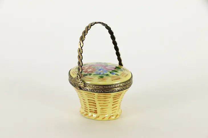 Porcelain Trinket or Keepsake Box, Yellow Basket, Limoges France #36720