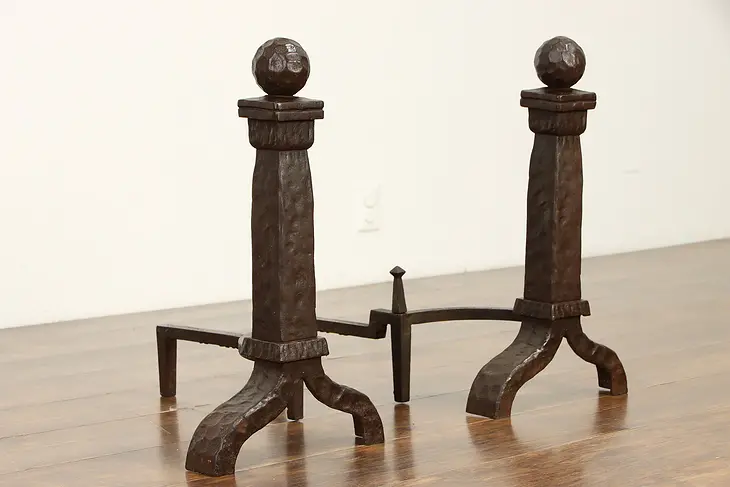 Pair of Hand Hammered Wrought Iron Craftsman or Tudor Fireplace Andirons #37064
