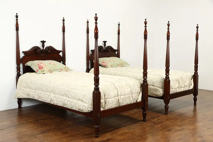 Pair of Georgian Style Poster Carved Mahogany Twin Beds, Charak 1931 #33678
