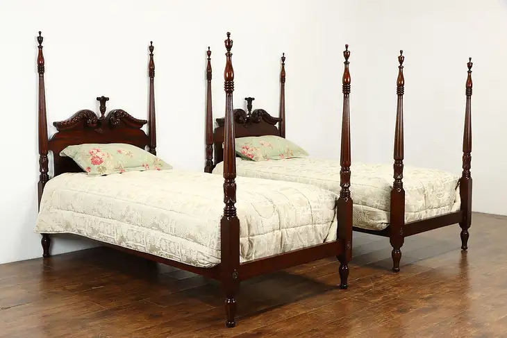 Pair of Georgian Style Poster Carved Mahogany Twin Beds, Charak 1931 #33678