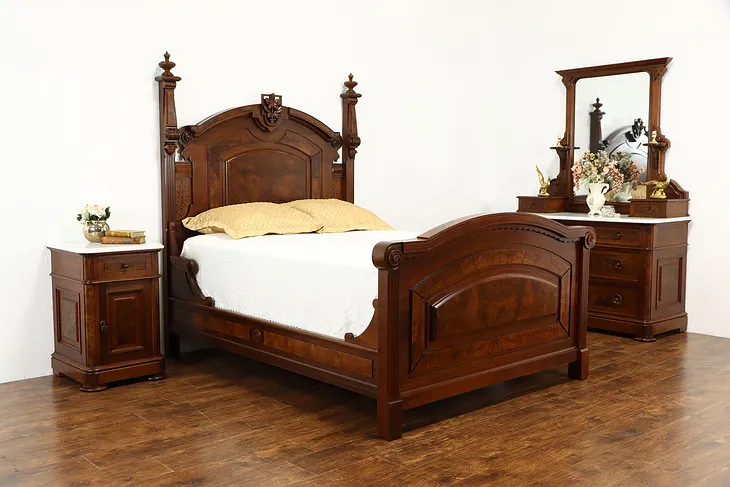 Victorian Antique Walnut 3 Pc Bedroom Set, Full Size Bed, Marble Tops #34152