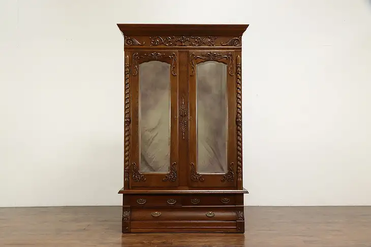 Victorian Antique Oak Armoire, Wardrobe, Closet, Beveled Mirrors, Karges #34991