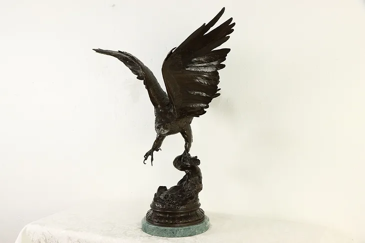Eagle Bronze Sculpture after French Sculptor Jules Moigniez, Marble Base  #36573