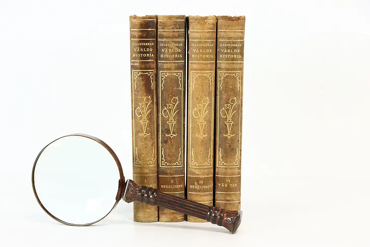 Set of 4 Volumes Swedish Tooled Leather Antique World History Books #36659