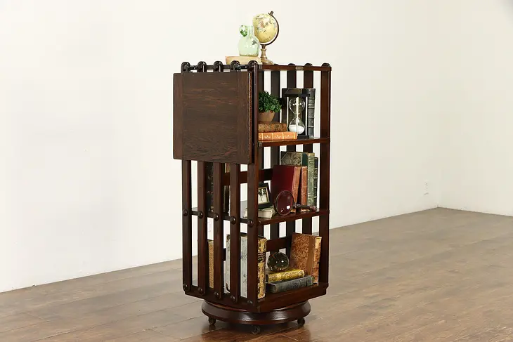 Oak Spinning Antique Revolving Office Bookcase, Adjustable Writing Shelf #36964