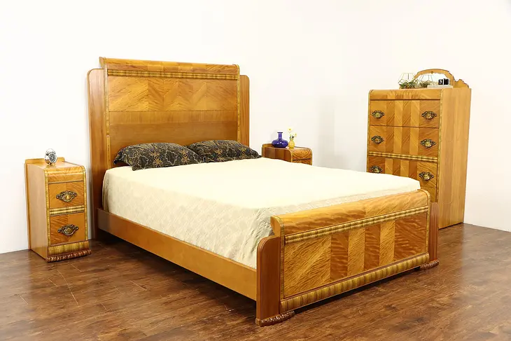Art Deco Waterfall Vintage 4 Pc Satinwood Bedroom Set, Queen Size Bed #37250
