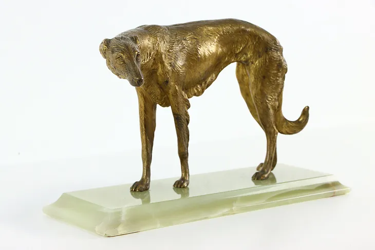Bronze Antique Sculpture of Russian Borzoi Dog, Onyx Base #37264