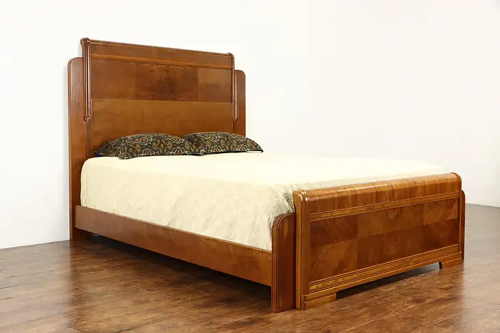 Art Deco 1930's Vintage Queen Size Waterfall Design Bed, Walnut & Burl #34450