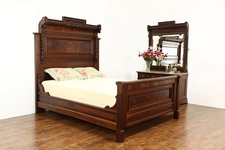 Victorian Eastlake Antique Walnut Bedroom Set, Queen Bed, Marble Chest #35936
